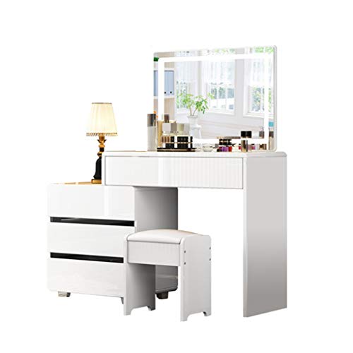 Vanity Table Set Deluxe White Dressing Table with Vanity Mirror Drawers Stool for Makeup Bedroom Jewellery Set (White+black 90x40cm)