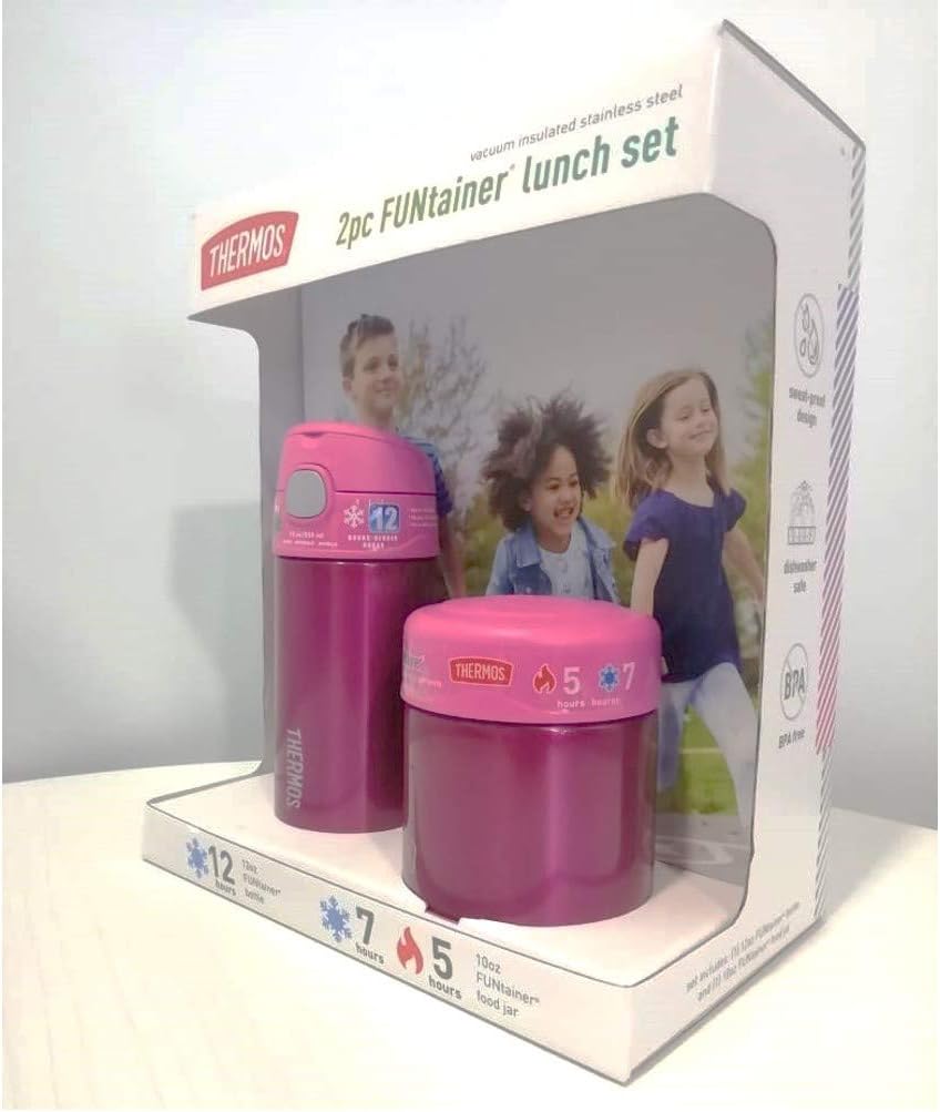 Thermos FUNtainer Lunch Set Bottle and Food Jar for Kids BPA Free Dishwasher Safe, 2 PC (Pink, 2 PC Set)
