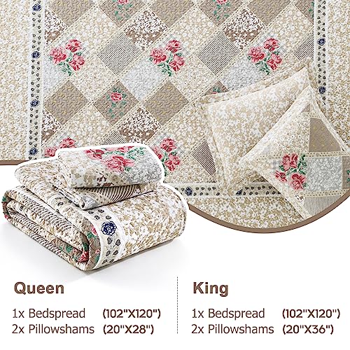 Finlonte Oversized King Bedspread, 100% Cotton Large Size King Bedspread Coverlet Bedding Set, Brown Grey Farmhouse Plaid Lightweight Reversible XL Quilt Set, 3 Piece