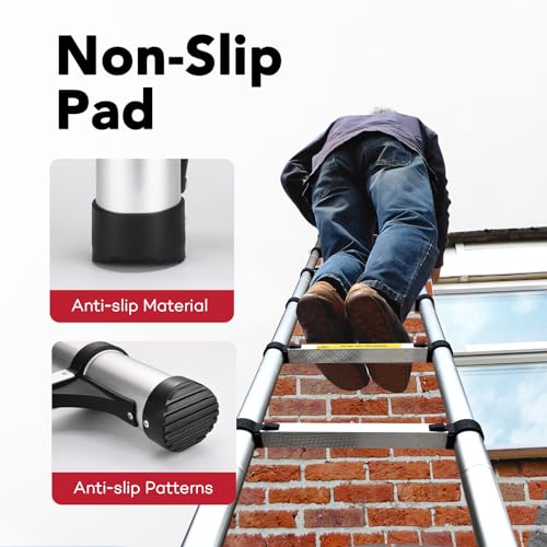 Telescoping Ladder, Soctone 15.5Ft Aluminum Lightweight Telescoping Ladder with Hooks, 330lb Load Capacity, Collapsible Telescoping Ladder, rv Ladder