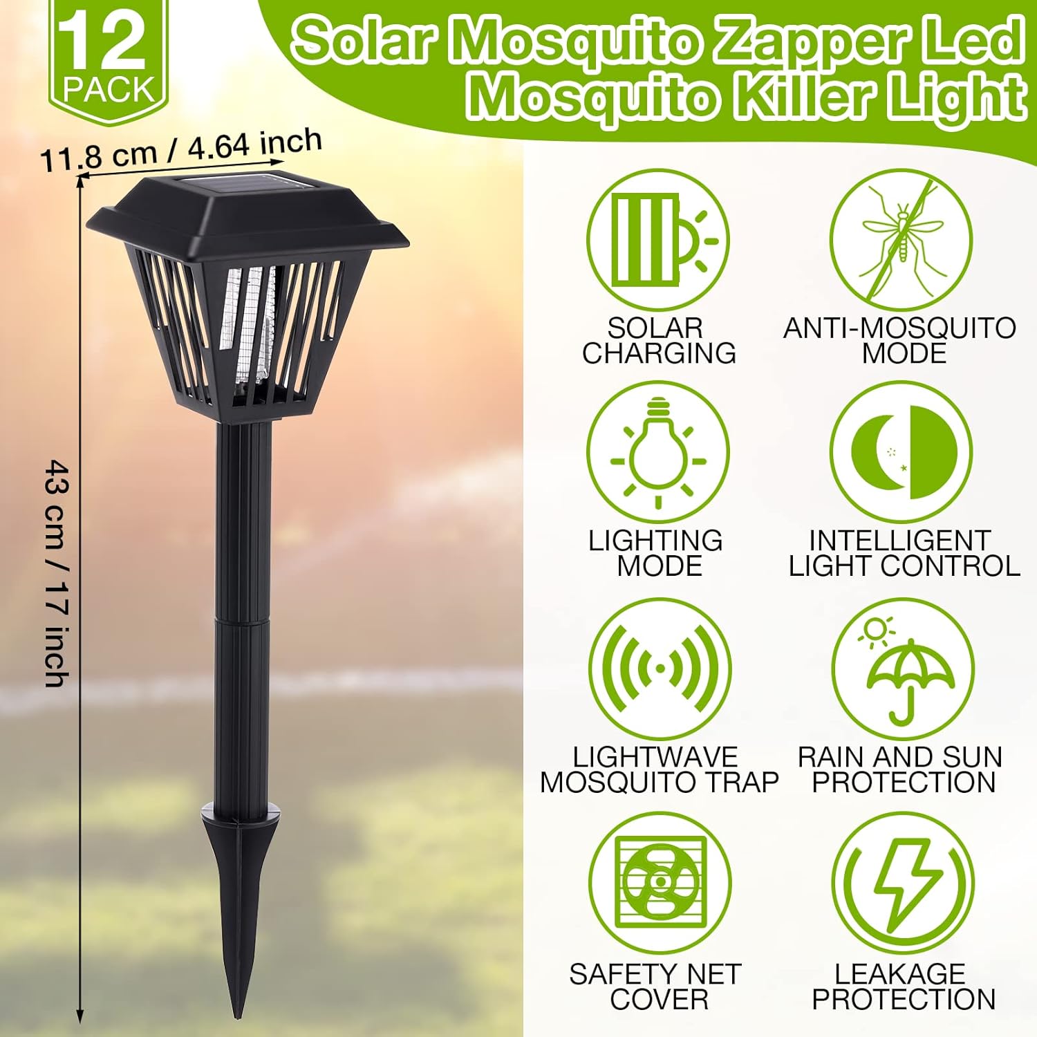 12 Pcs Solar Bug Zapper Outdoor 2 in 1 Solar Mosquito Fly Killer Waterproof Lighting Mosquito Repellent Lamp LED Mosquito Killer Lamp for Indoor Outdoor, Black
