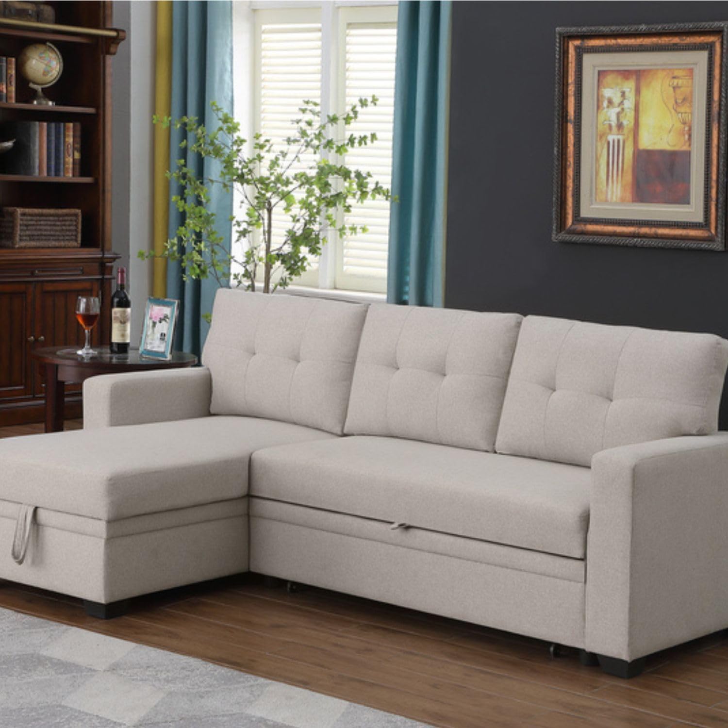 Devion Furniture Polyester Fabric Reversible Sleeper Sectional Sofa-Beige
