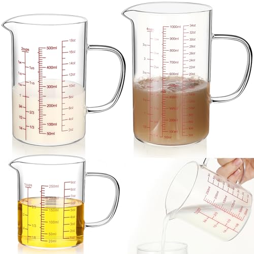 3 Pack Glass Measuring Cups with Handle and V Shaped Spout High Borosilicate Glass Beaker Measuring Glass with 3 Scales (Oz, Cup, Ml) for Kitchen Restaurant, Easy to Read, 4 Cup, 2 Cup, 1 Cup