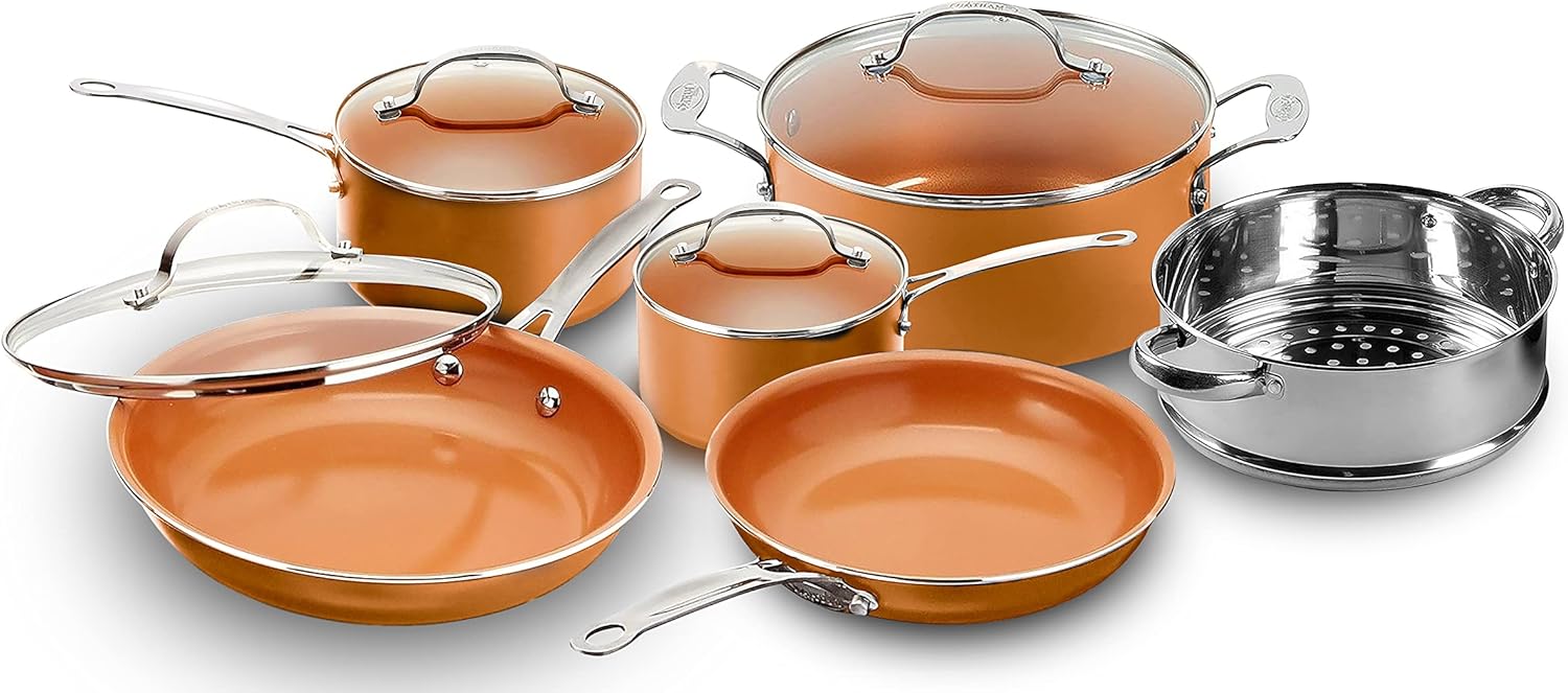 Gotham Steel 10-Piece Kitchen Set with Non-Stick Ti-Cerama Coating by Chef Daniel Green - Includes Skillets, Fry Pans, Stock Pots and Steamer Insert – Copper