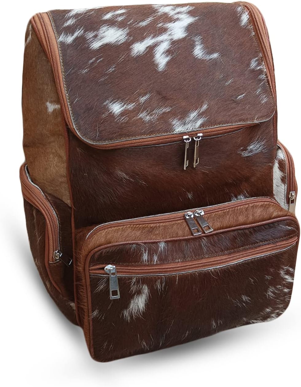 Real Cowhide Backpack Bag Cowhide Diaper Bag Travel Daypack Bag Hold all Backpack Multi Pockets | Brown and White Backpack Bag
