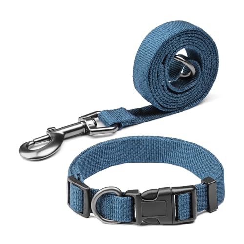 Blue Dog Collar and Leash Set, Breathable Bamboo Fiber Adjustable Dog Collar and 4Ft Dog Leash for Small Dog Daily Walking
