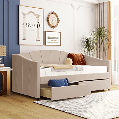 TRIPLE TREE Daybed with Two Storage Drawers, Upholstered Twin Size Daybed Bed Frame with Wood Slat Support, Living Room Bedroom Dual-use Sofa Bed for Teens Adults, Gray