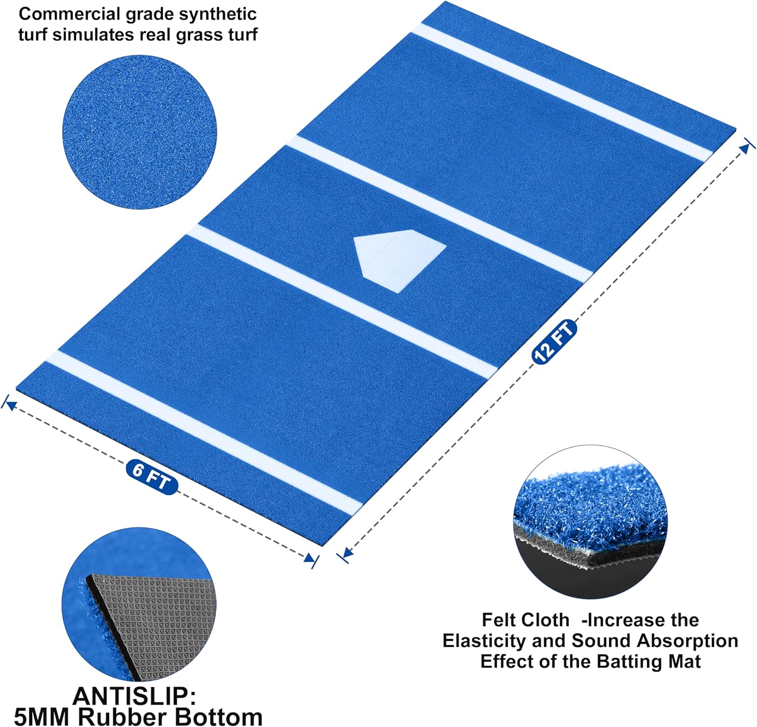 Heavy-Duty Baseball Batting Hitting Mat 12' x 6' Baseball Softball Turf Training Mat Regulation Size with Home Plate Non-Slip Bottom Thickening Design Suitable for Indoor and Outdoor Use