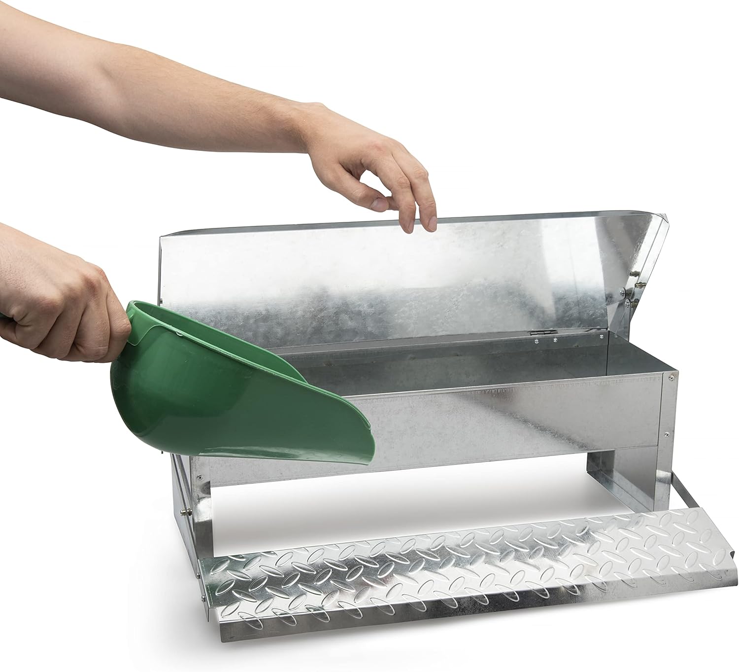 Automatic Chicken Feeder Treadle - Self-Opening Galvanized Steel Trough - Sturdy Weatherproof Poultry Feeders - Holds up to 11 lb of Feed - includes Grain Scoop
