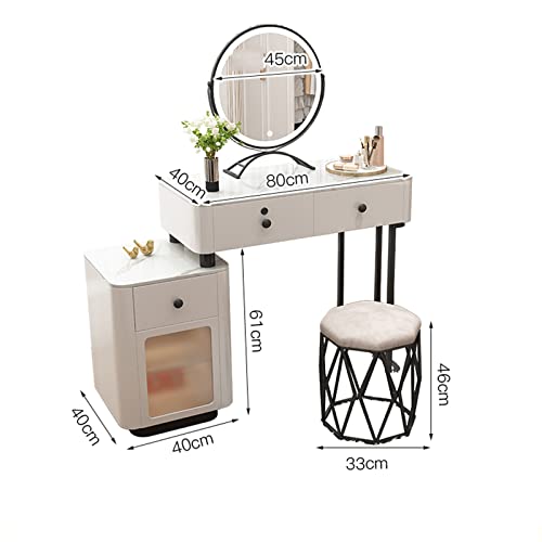 Vanity Table Makeup Vanity Table, Modern Vanity Table, Retractable Makeup Dressing Table with Nightstand，Round Mirror and Spacious Drawers for Girls and Women Bedroom Dressing Table(Round stool,100cm)