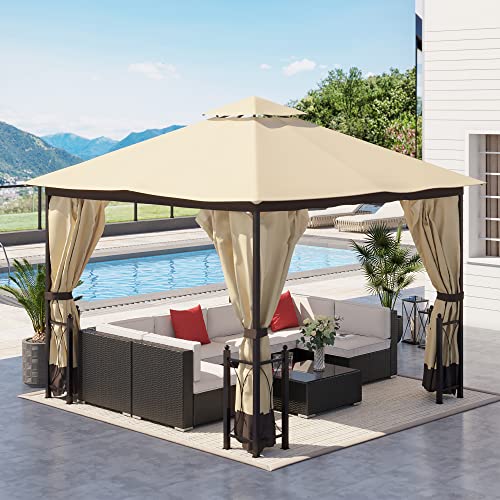 Outsunny 11' x 13' Patio Gazebo, Double Roof Outdoor Gazebo Canopy Shelter with Netting & Curtains, Steel Corner Columns for Garden, Lawn, Backyard and Deck, Gray