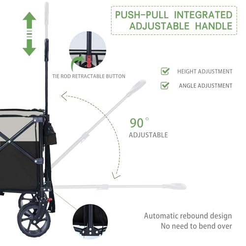 Moon Lence Collapsible Folding Wagon Cart Heavy Duty Folding Garden Portable Hand Cart with All-Terrain Beach Wheels, Adjustable Handle & Drink Holders (Black)