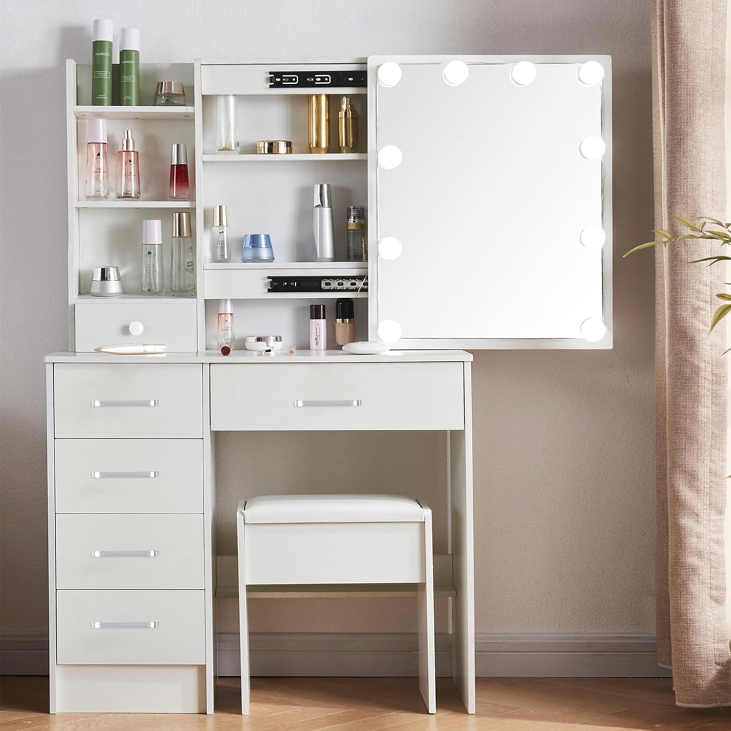 Large Makeup Vanity with Lighted Mirror, Vanity Desk with 3 Color Lighting Modes, Adjustable Brightness, 5 Drawers Vanity Table with Cushioned Stool (Modern Vanity 07), White