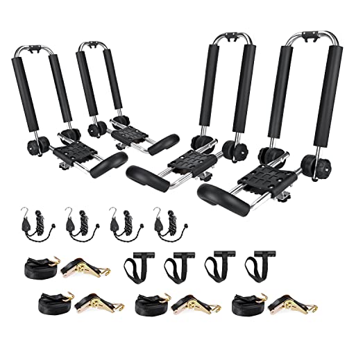 AA-Racks 2 Pair J-Bar Rack Roof Top Mount with 16 Ft Ratchet Lashing Straps, Folding Carrier for Your Canoe, SUP and Kayaks on SUV Car Truck