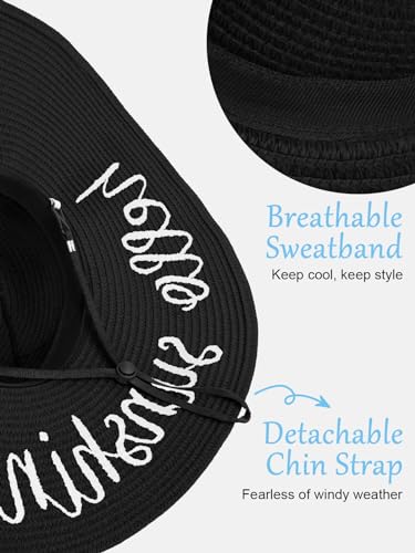 Floppy Beach Hats for Women, Foldable Wide Brim Sun Hat Embroidered Roll up Straw Hat - Vocation, Honeymoon, Travel