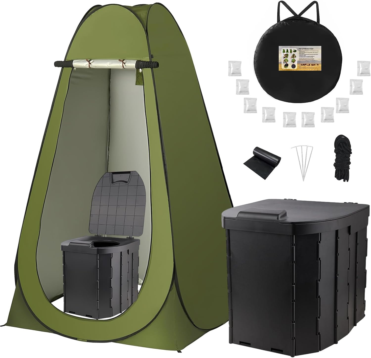 Camping Toilet with Pop up Privacy Tent, Portable Toilet Kit for Adults,X Large Camping Folding Toilet, Outdoor Camping Shower Tents Changing Room, Instant Pop Up, Toilet bags,Liquid Waste Gel