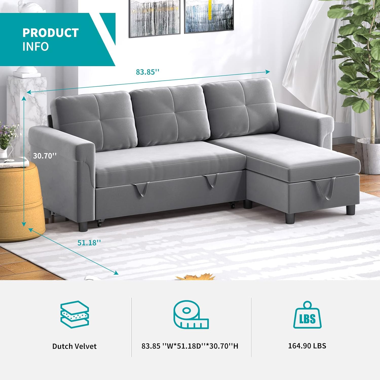 BALUS Reversible Sectional Sleeper Sofa with Storage Chaise, Velvet Upholstered Pull Out Sofa Bed, L-Shape Sleeper Sectional Sofa Couch for Living Room, Office and Small Apartment (Light Grey)
