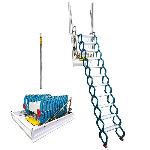 TECHTONGDA Pull Down Attic Loft Ladder Stairs Side-Mounted Loft Wall Folding Stairs Attic Steps 9.18ft 11 Steps Alloy Attic Access Ladder Frame Size 27.5 x 35.4 Inch Blue Pulldown Attic Stairs