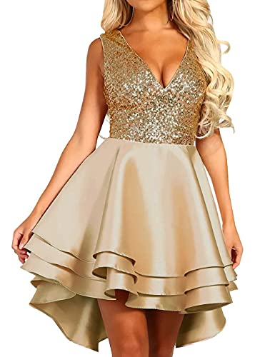 Lrady Women's Sequin Glitter V Neck Skater Mini Club Cocktail Party Swing Dress