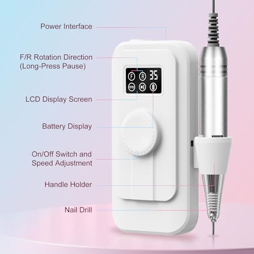 Portable Electric Nail Drill, 35000RPM Professional Rechargeable Electrical Nail File Kit Portable for Acrylic, Gel Nails, Electric Nail Drill Set, Manicure Pedicure Polishing Tools for Home Salon