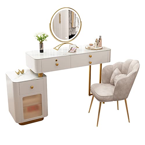 Vanity Table Makeup Vanity Table, Modern Vanity Table, Retractable Makeup Dressing Table with Nightstand，Round Mirror and Spacious Drawers for Girls and Women Bedroom Dressing Table(Round stool,100cm)