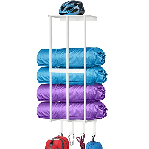 Camping Chair Wall Storage for Garage, Metal Camping Chair Storage Rack Wall Holder, Floating Shelf, 4 Hooks, Stainless Steel, Beach Chair Rack, Umbrella Holder, Garage Chair Organizer, White