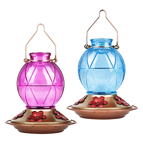 BOLITE Hummingbird Feeder, Glass Hummingbird Feeders for Outdoors Hanging, 5 Feeding Ports, 18 Ounce, 2 Pack, Red & Purple