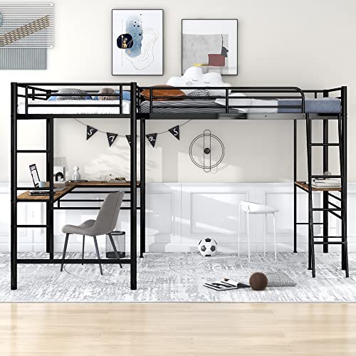 Danxee L Shaped Loft Bed with Ladder, Metal Twin Corner Bed with Two Built-in Desks for Teens Adults (Black)