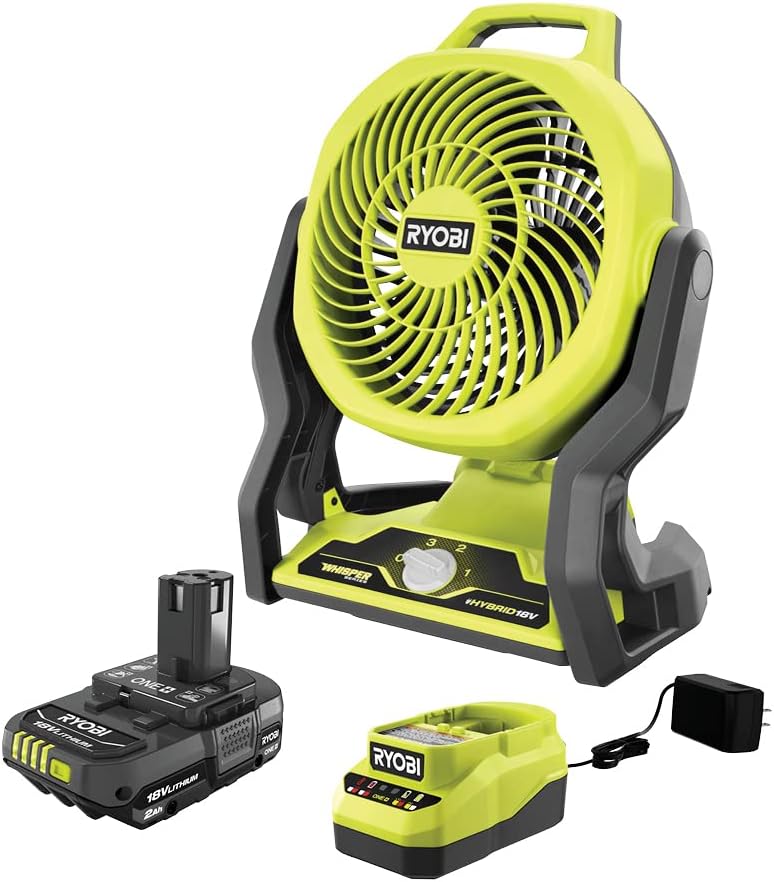 RYOBI ONE+ 18V Cordless Hybrid WHISPER SERIES 7.5 in. Fan Kit with 2.0 Ah Battery and Charger (PCL811KN) Bulk Packaged (Renewed)