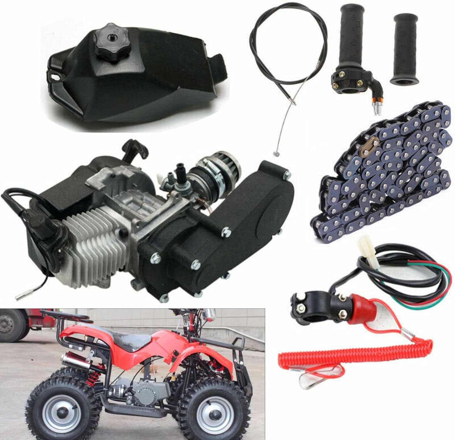49CC 2 Stroke Engine Motor Set Kit Single Cylinder Air-Cooled Engine with 14 Teeth Sprocket for Pocket Mini Quad Bike ATV Scooter