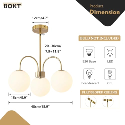 BOKT Mid Century Modern Gold Chandelier Large 5 Light White Globe Sputnik Chandelier Height Adjustable Milk Glass Hanging Pendant Lights Kitchen Island Vintage Dining Room Brass Ball Chandelier