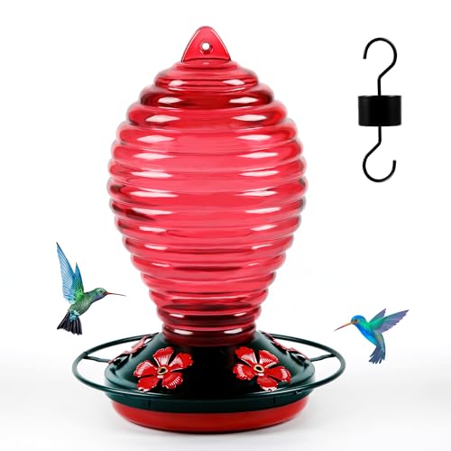 Glass Hummingbird Feeder, Red Hummingbird Feeders for Outdoors Hanging, 29 Ounces, Cute Spiral Shape Bottle Easy to Clean, 5 Feeding Ports, Ant Moat Included