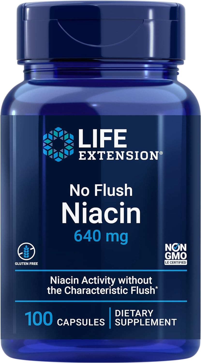 Life Extension No Flush Niacin, B3 for heart health, cholesterol & energy support, non-GMO, gluten-free, 100 capsules