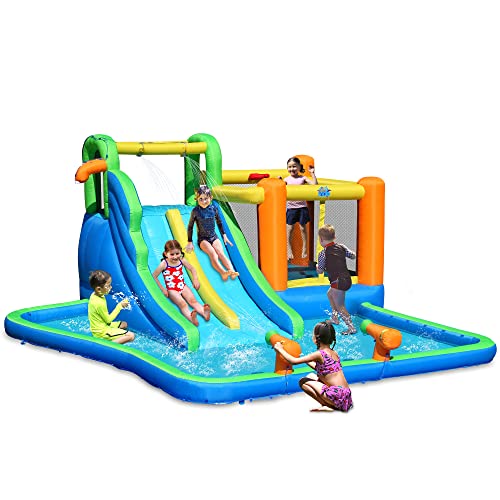 Action Air Bounce House or Water Slide, 7-in-1 Inflatable Bouncer Combo with Large Pool, Fun Bounceing Area with Basketball Hoop, Long Double Slide with 2 Water Sprays, Air Blower Included