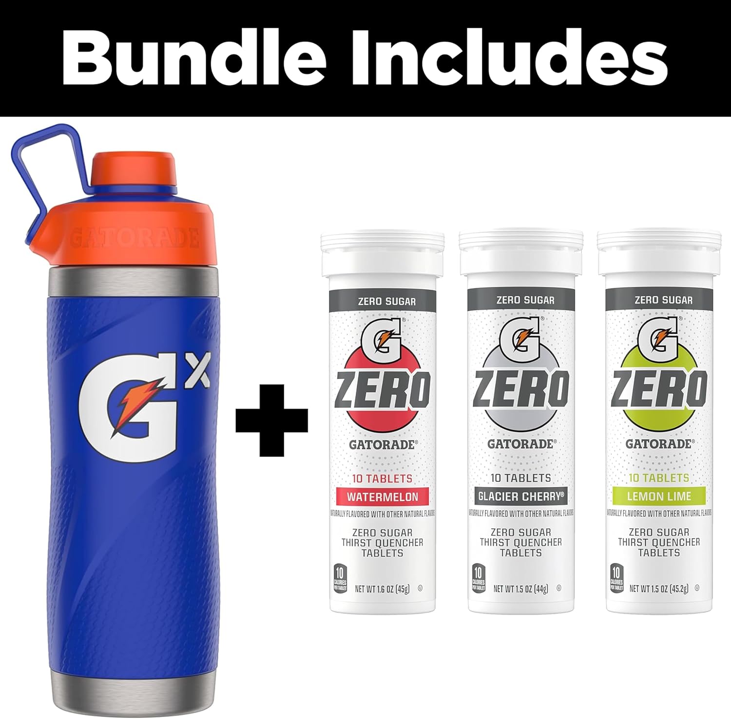 Bundle of Gatorade Gx Stainless Steel Bottle, Blue, 32oz and Gatorade Zero Tablets Variety Pack, Pack of 40