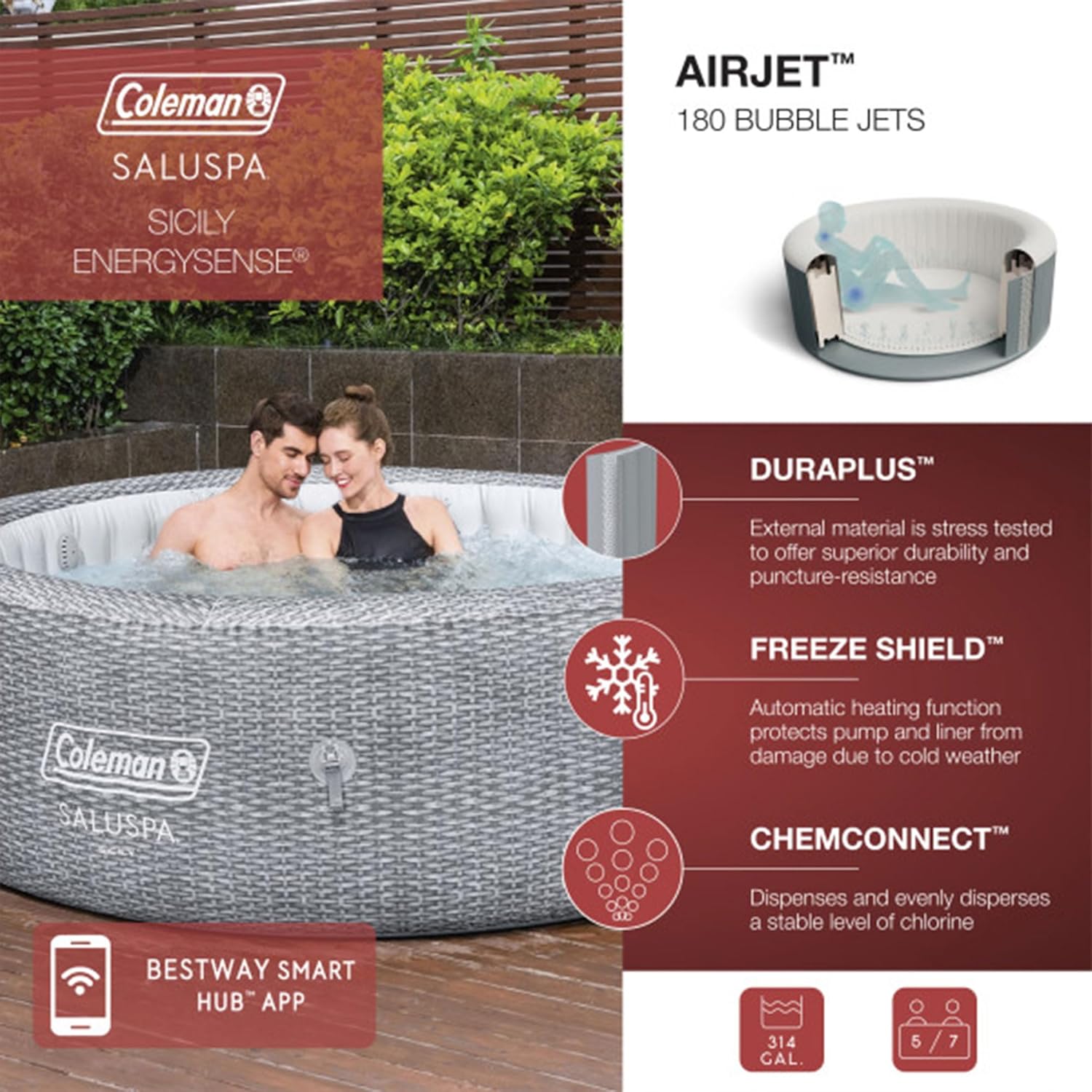 Coleman SaluSpa Sicily 180 Soothing AirJet Inflatable Hot Tub with 4 Pack of Bestway SaluSpa Spa Seat and 2 Sets of SaluSpa Padded Headrest Pillows