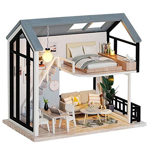 Fsolis Mini House Kit, DIY Miniature Dollhouse Kit 3D Wooden Puzzle Model Building Project Tiny Modern House 2 Stories Hobbies for Men Women Teens Adult