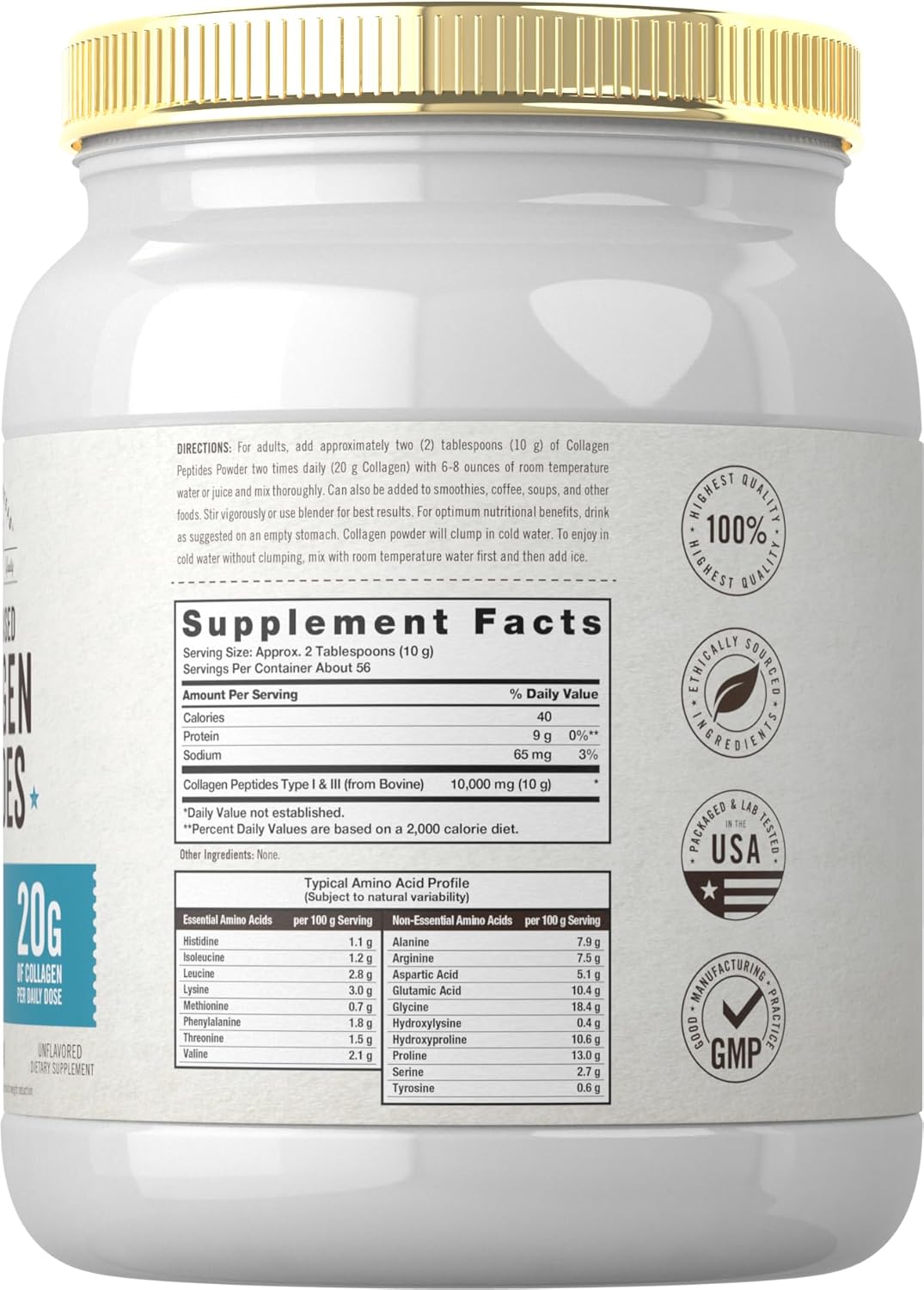 Carlyle Grass Fed Collagen Peptides Powder 20oz | Unflavored | Pasture Raised | Types I & III | 20g of Collagen Per Daily Dose | Non-GMO, Gluten Free | by Herbage Farmstead