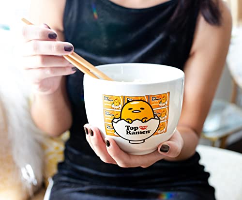 Silver Buffalo Sanrio Gudetama Lazy Egg Nissin Top Ramen Ceramic Ramen Noodle Rice Bowl with Chopsticks, Microwave Safe, 20 Ounces
