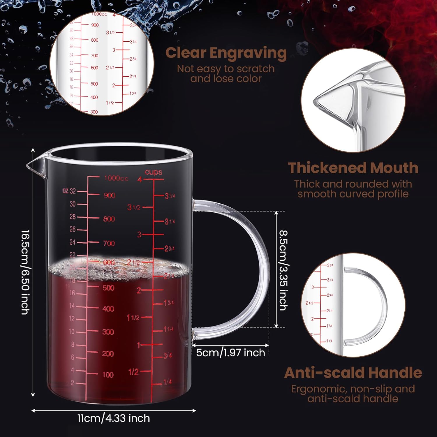 Hushee 4 Pcs 34 Oz Glass Measuring Cup 1000cc/4 Cup Liquid Measuring Cups High Borosilicate Microwavable Measuring Cup with 3 Scales (CC/Oz/Cup) Handle and V Shaped Spout for Kitchen Restaurant