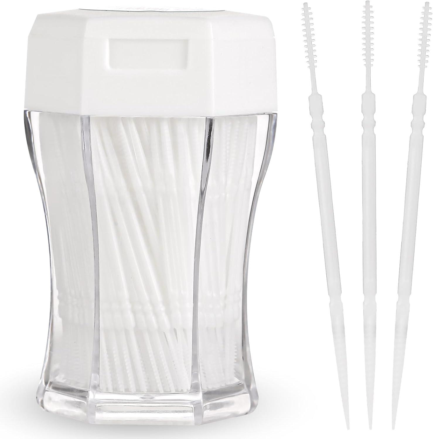 200Pcs Brushpicks 2-in-1 Interdental Brushes Toothpicks for Teeth Portable Soft Bristle Floss Picks in Clear Plastic Storage Box Double Sided Party of Adults Children