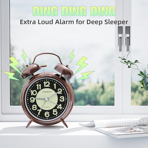 Loud Alarm Clock for Heavy Sleepers Adults, Silent Non Ticking Analog clock with Backlight, Luminous Dial, Battery Operated alarm clock for Bedroom, Included Battery, Silver