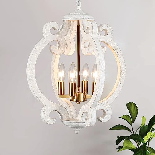 ALISADABOY Wood Chandelier for Dining Room 4 Light Rustic White & Gold farmhouse Chandeliers Antique Orb Pendant Lighting for Kitchen Island Living Room Bedroom Entryway Foyer Staircase