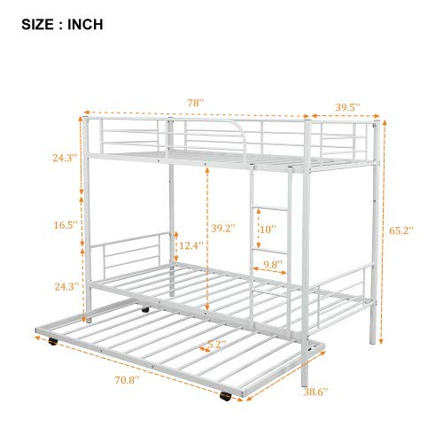 Twin-Over-Twin Metal Bunk Bed with Trundle and Ladders and Safety Guard Rails,Can be Divided into Two beds,No Box Spring Needed (Black)