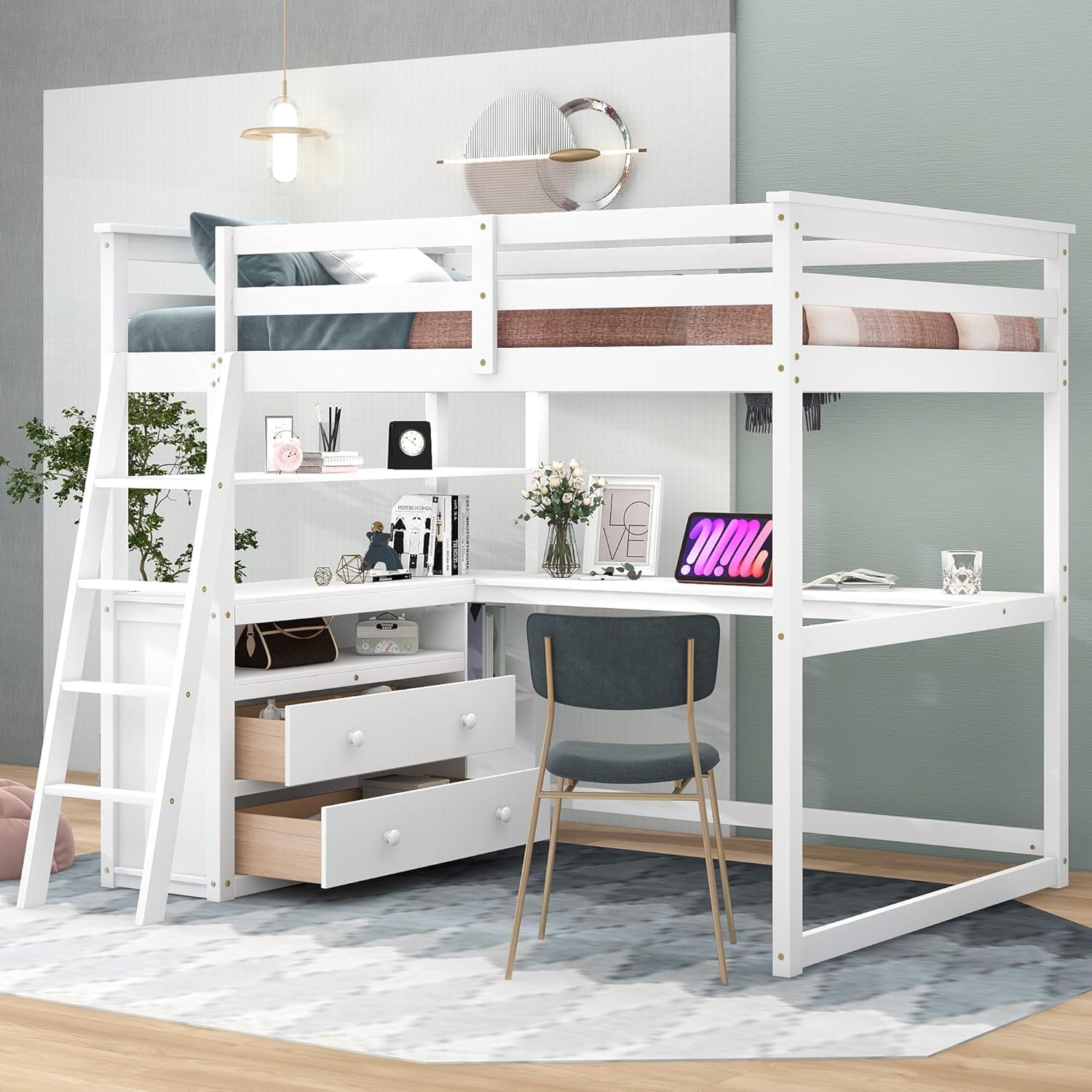 White Full Size Loft Bed with Desk, Shelves, and Drawers - Wooden Loft Bed Frame for Kids, Teens, Adults. Maximize Space and Productivity in Your Bedroom.