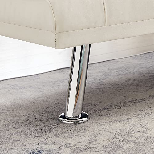 Convertible Folding Futon Sofa Bed,PU Leather Upholstered Modern Couch Loveseat Sleeper, Folding Daybed Guest Bed, Removable Armrests, 2 Cup Holders, Metal Legs (Beige)