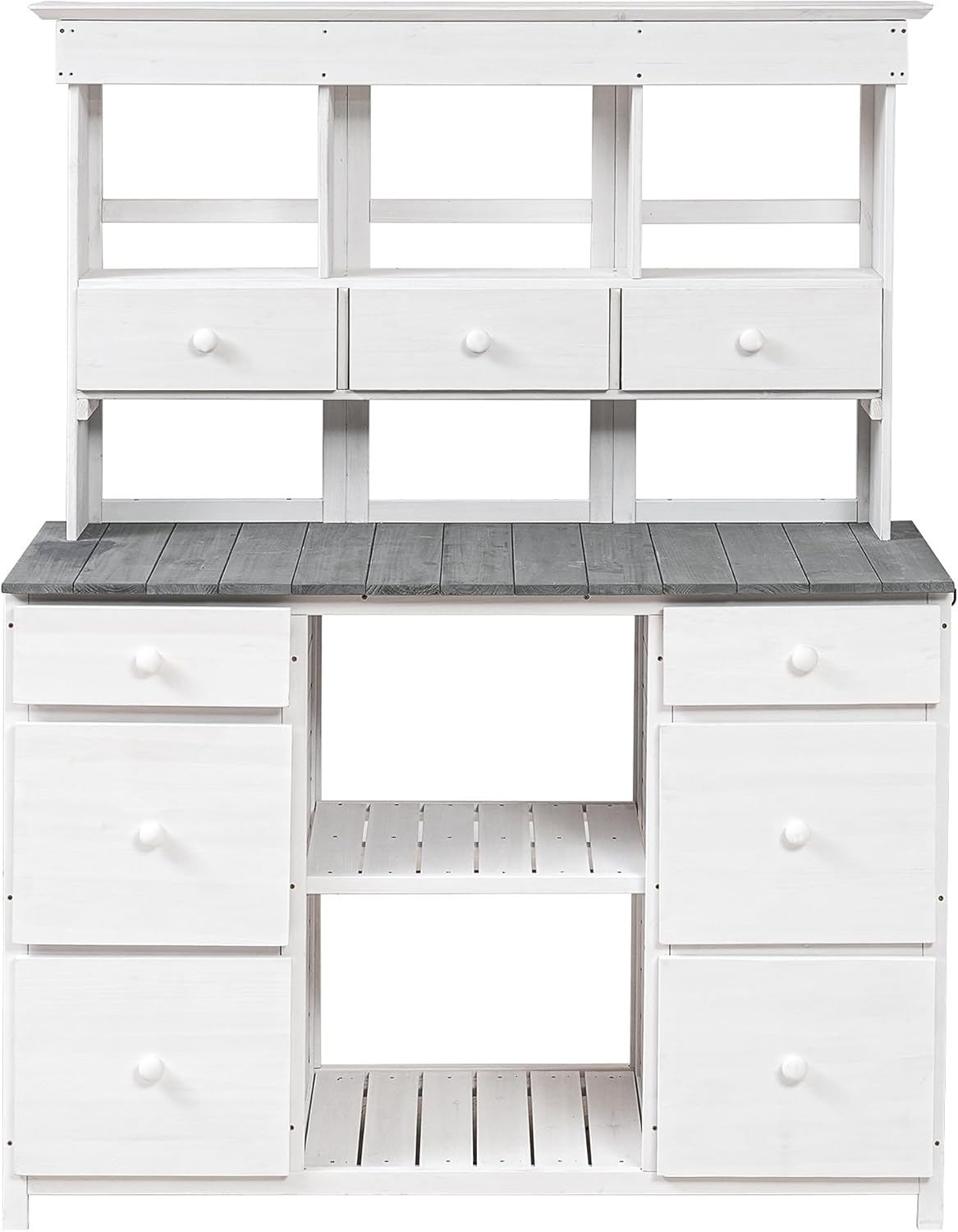 Garden Potting Bench Table,Rustic & Modern Design, Multiple Drawers & Shelves for Storage, White & Gray