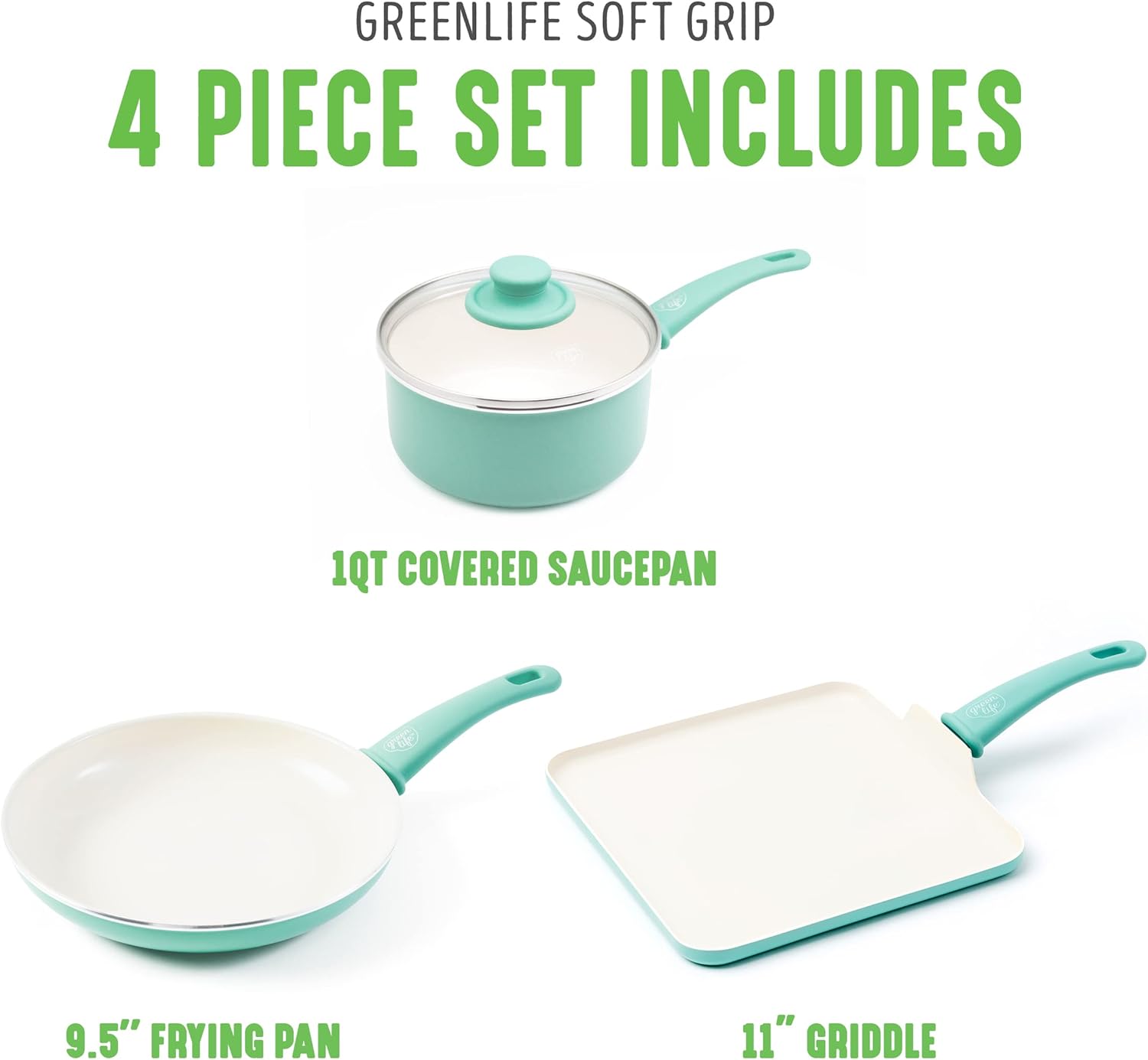 GreenLife Soft Grip Absolutely Toxin-Free Healthy Ceramic Nonstick Dishwasher/Oven Safe Stay Cool Handle Cookware Set, 4-Piece, Turquoise