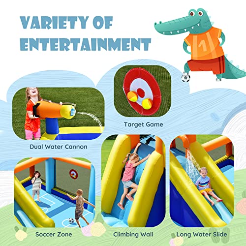 GLACER Inflatable Water Slide, 8-in-1 Blow Up Waterslide with Soccer Zone, Climbing Wall, 2 Water Cannons and Target Game, Water Bounce House with Carry Bag for Kids and Adults (with 735W Air Blower)