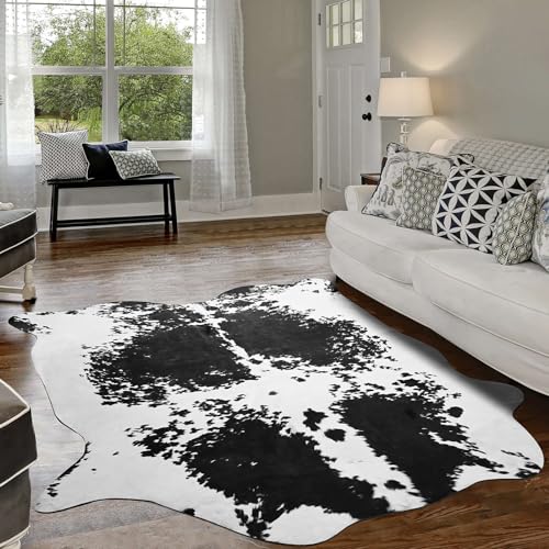 Terrug Cowhide Rug Western Decor, 4.6 x 5.2 Feet Premium Western Cow Print Rug, Large Faux Cowhide Rug for Living Room Bedroom Entryway Kitchen Hallyway Party Wall Home Decor, Black White